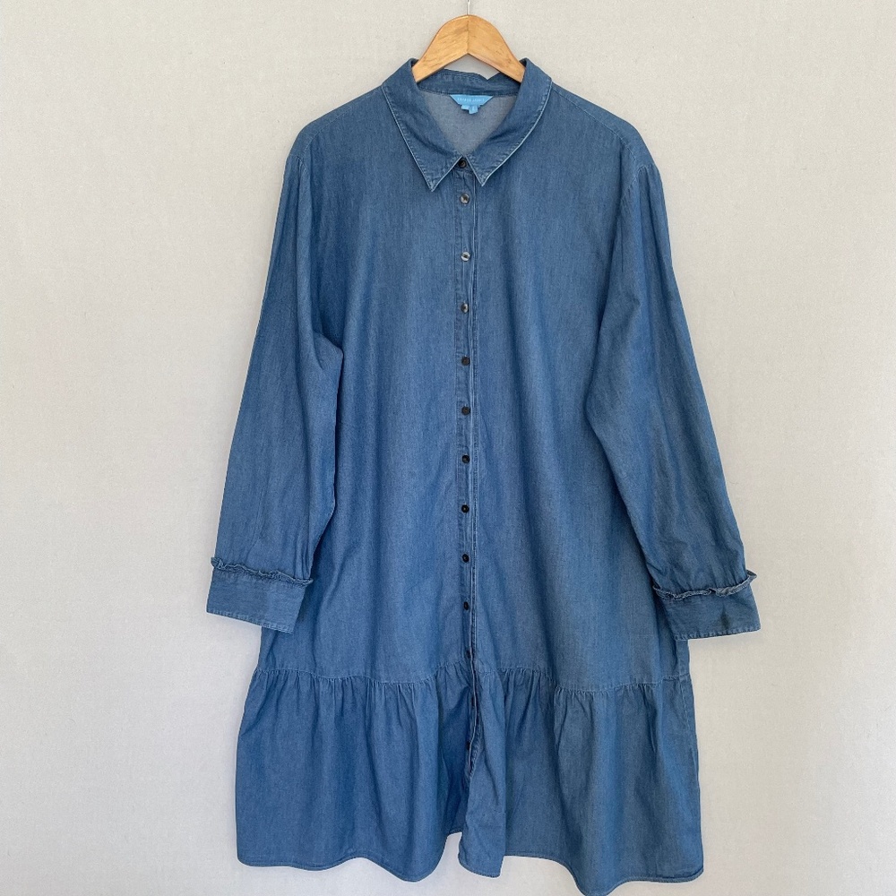 DRAPER JAMES Women’s Size 24 Chambray Ruffle Hem Long Sleeve Shirt Dress